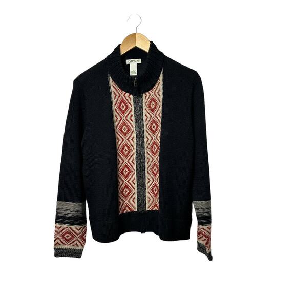 Orvis Black Print Full-Zip Cardigan Wool Blend Long Sleeve Sweater Womens Medium - Picture 1 of 5